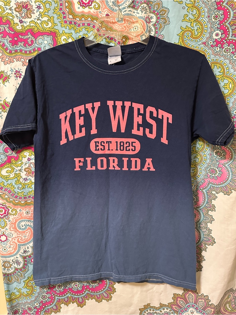 Key West Florida Short Sleeve Tee - Navy with Coral Print